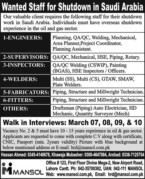 Shutdown Jobs in Saudi Arabia 2013 Latest through Mansol Manpower Solutions