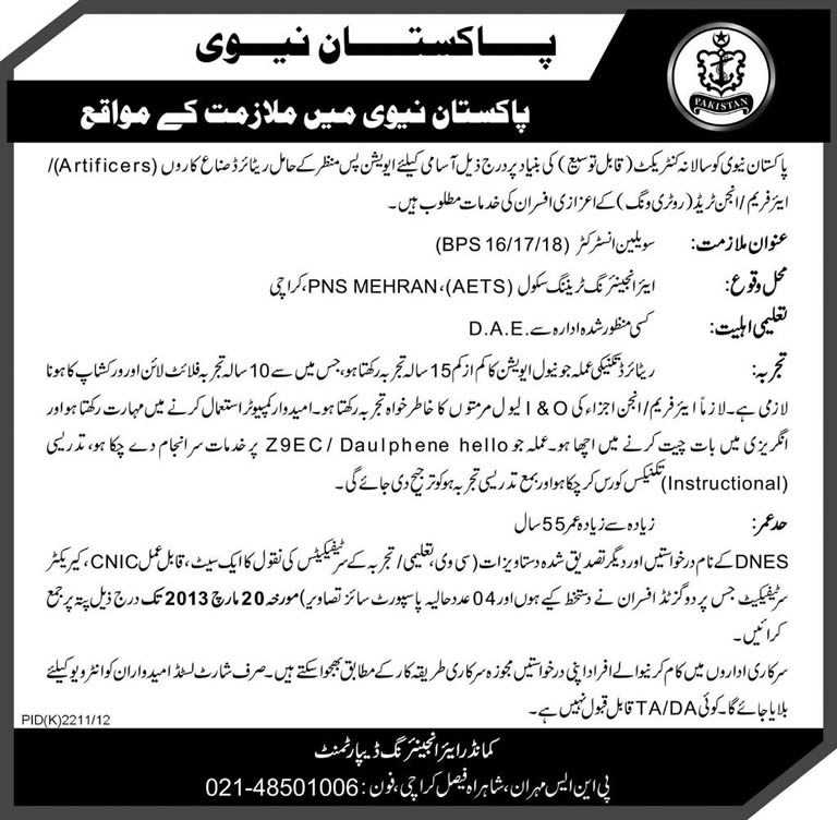 Pakistan Navy Jobs 2013 for Civilian Instructors Aviation