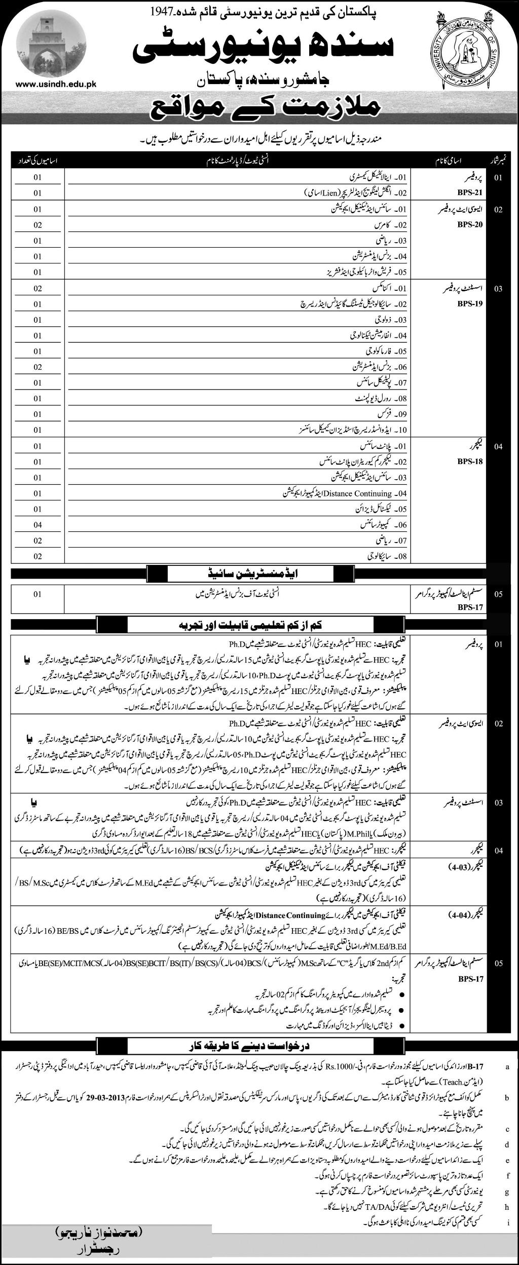 Sindh University Jobs 2013 Jamshoro Latest for Faculty Associate/Assistant/Professors/Lecturers