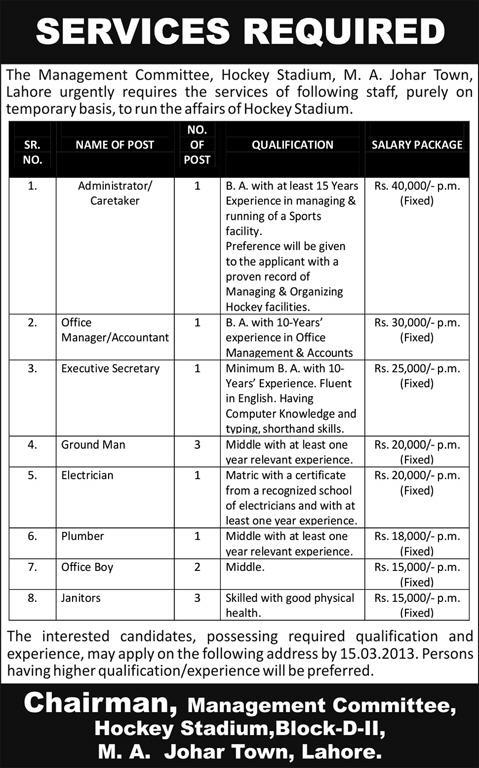 Hockey Stadium Lahore Jobs 2013