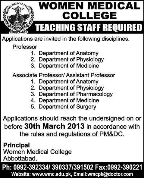 Women Medical College Jobs 2013 for Teaching Staff