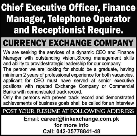 Link Exchange Jobs for CEO, Finance Manager, Telephone Operator & Receptionist