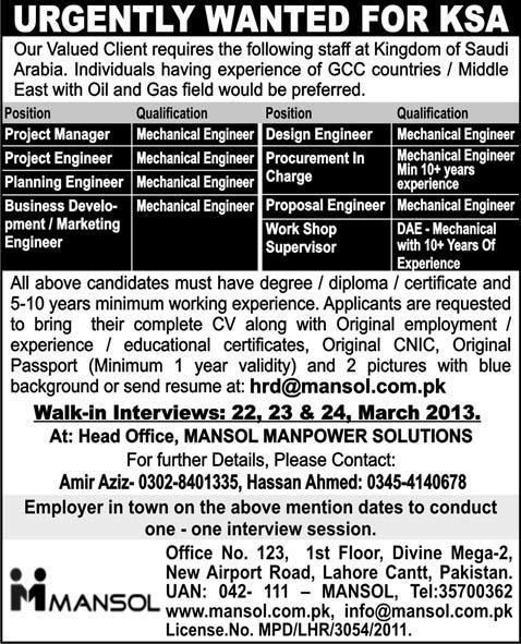 Mechanical Engineer Jobs in Saudi Arabia 2013 through Mansol Manpower Solutions