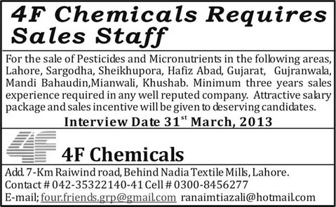 4F Chemicals Jobs for Sales Staff 2013 Pesticides & Micronutrients Sales