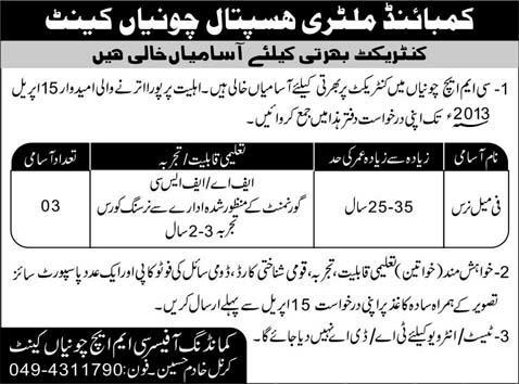 Combined Military Hospital Chunian Jobs for Female Nurses 2013