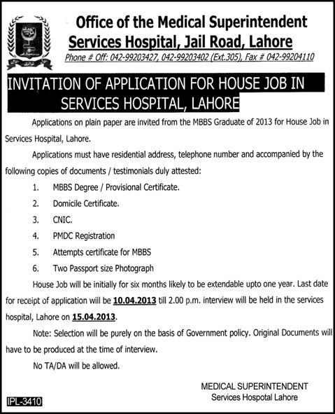 Services Hospital Lahore House Job 2013 April Latest