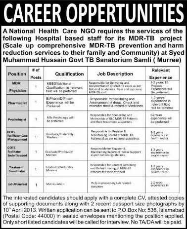 PO Box 536 Islamabad Jobs 2013 by a National Health Care NGO for MDR-TB Project at Murree