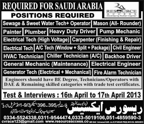 Jobs in Saudi Arabia for Pakistanis 2013 Engineers / Technician / Operators / Skilled Workers through Resource Access (Private) Limited