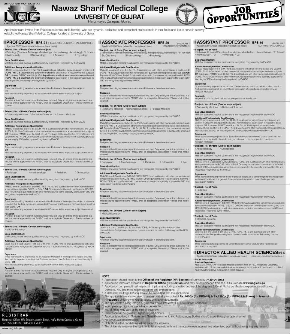 Nawaz Sharif Medical College Gujrat Jobs 2013 April Latest for Teaching Faculty & Admin