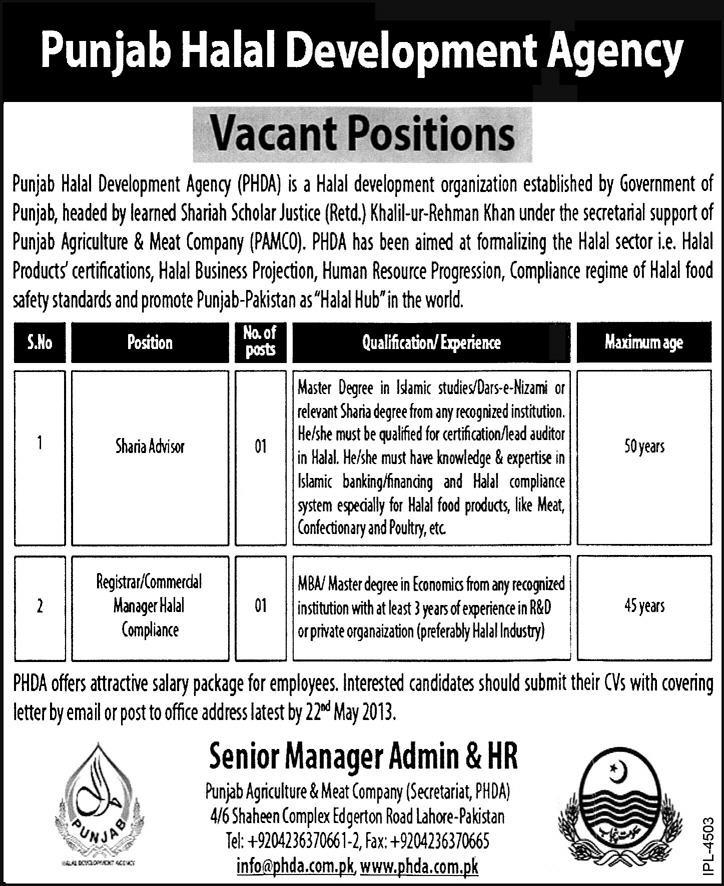 Punjab Halal Development Agency Jobs 2013 Sharia Advisor & Registrar / Commercial Manager Halal Compliance