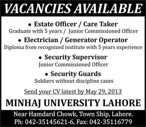 Minhaj University Lahore Jobs 2013 Estate Officer, Electrician & Security Supervisor / Guards