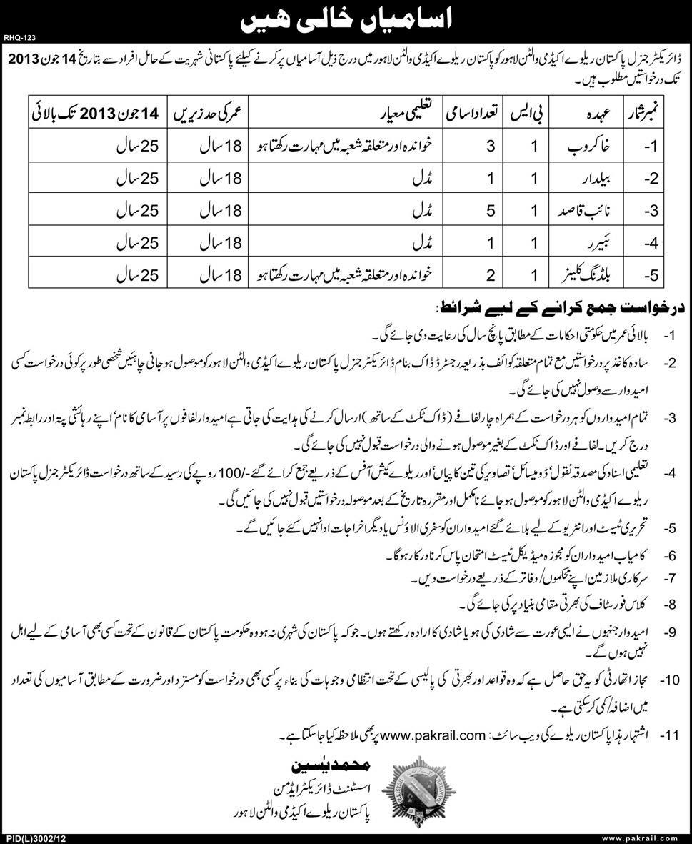 Pakistan Railway Jobs in Lahore 2013-May-23 Latest at PR Academy Walton