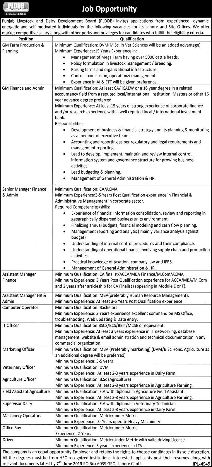 PLDDB Jobs 2013-May-23 Latest at Punjab Livestock and Dairy Development Board