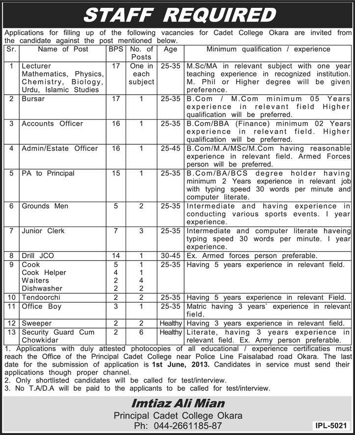 Cadet College Okara Jobs 2013 May Latest Teaching Faculty (Lecturers) & Non-Teaching Staff