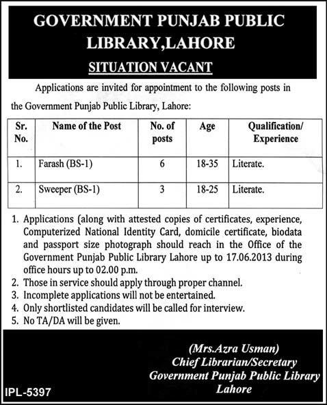 Government Punjab Public Library Lahore Jobs 2013 June Latest Advertisement for Farash & Sweeper