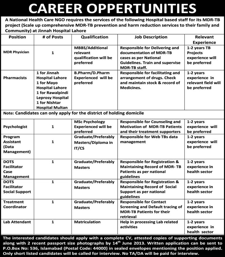 PO Box 536 Islamabad Jobs 2013-June-08 for MDR-TB Project of a National Healthcare NGO