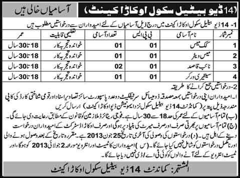 14 Division Battle School Okara Cantt Jobs 2013 Mess Cook, Waiter, Naib Qasid & Sanitary Worker