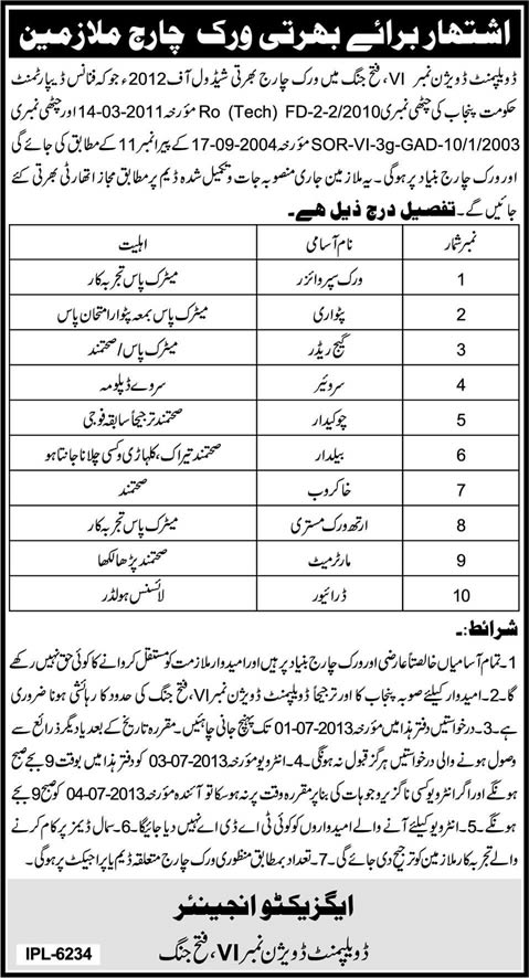 Development Division No. VI (6) Fateh Jang Jobs 2013 June for Work Charge Staff