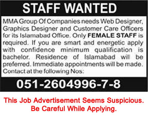 Jobs in Islamabad for Web Designer, Graphics Designer & Customer Care Officers 2013 June at MMA Group of Companies