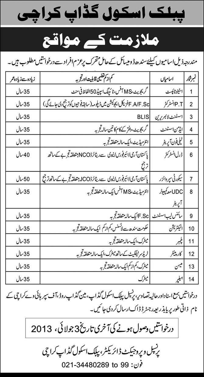 Public School Gadap Karachi Jobs 2013-June-23 Latest Advertisement