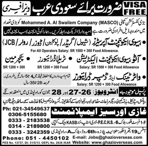 Heavy Equipment Operator Jobs in Saudi Arabia 2013 Latest at MASCO through Ghazi Overseas Employment