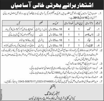 Canine Company Army Dog Center Rawalpindi Jobs 2013 July Cooks, Sanitary Workers, Naib Qasid & Saddler