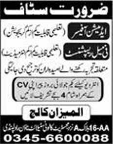 Jobs in Rawalpindi for Receptionist & Admission Officer 2013 July Latest at Al-Meezan College