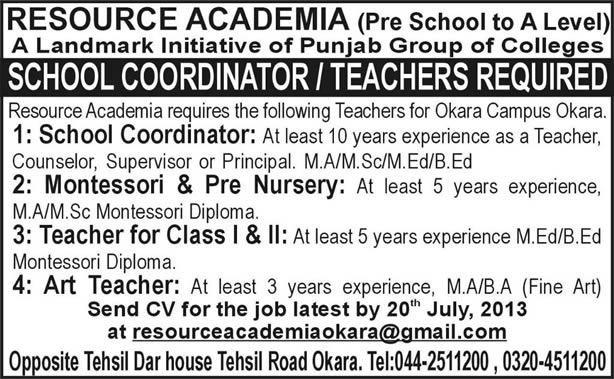 Teaching Jobs in Okara 2013 July Latest at Resource Academia