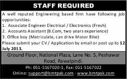 Electrical / Electronics Engineer, Accounts Assistant & Office Boy Jobs in Rawalpindi 2013 July at Benchmark Technologies