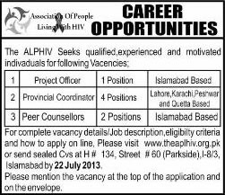 APLHIV Pakistan Jobs 2013 July Project Officer, Provincial Coordinators & Peer Counsellors