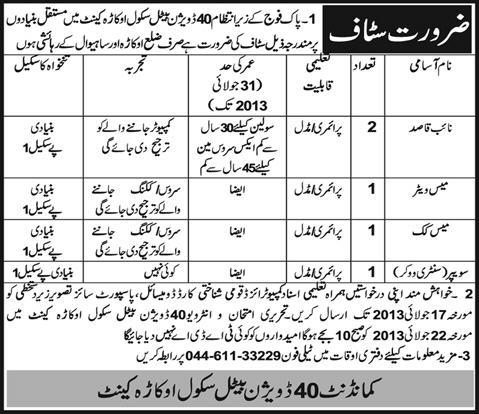 40 Division Battle School Okara Cantt Jobs 2013 July Naib Qasid, Mess Waiter / Cook & Sweeper