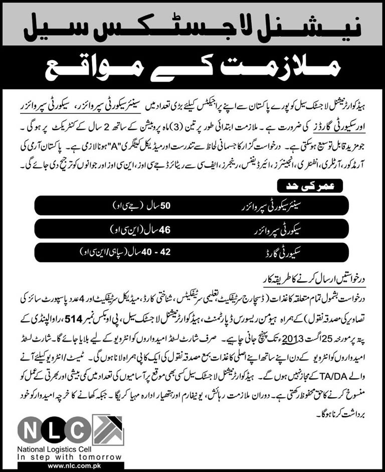 NLC Jobs August 2013 Security Supervisors & Security Guards at National Logistics Cell