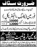 Electrical & Plumbing Foremen Jobs in Rawalpindi 2013 August Latest at Union Trade Test & Training Center