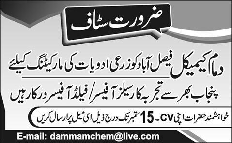 Sales Officer / Field Officer Jobs in Punjab 2013 September Pakistan Latest at Dammam Chemicals