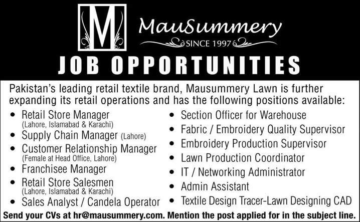Mausummery Jobs 2013 September Lawn / Textiles Pakistan Latest