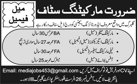 Jobs in Lahore 2013 Marketing Manager / Executives, Telemarketing Officer & Office Boy at an Advertising Agency