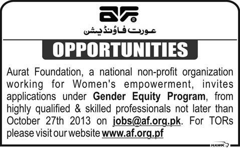 Aurat Foundation Jobs 2013 October Pakistan under Gender Equity Program