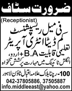 Female Receptionist cum Data Entry Operator Jobs in Lahore 2013 October / November