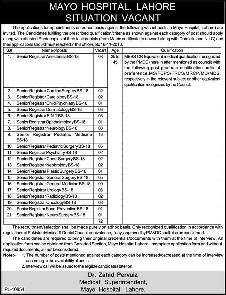 Mayo Hospital Lahore Jobs November 2013 Latest for Doctors / Senior Registrars