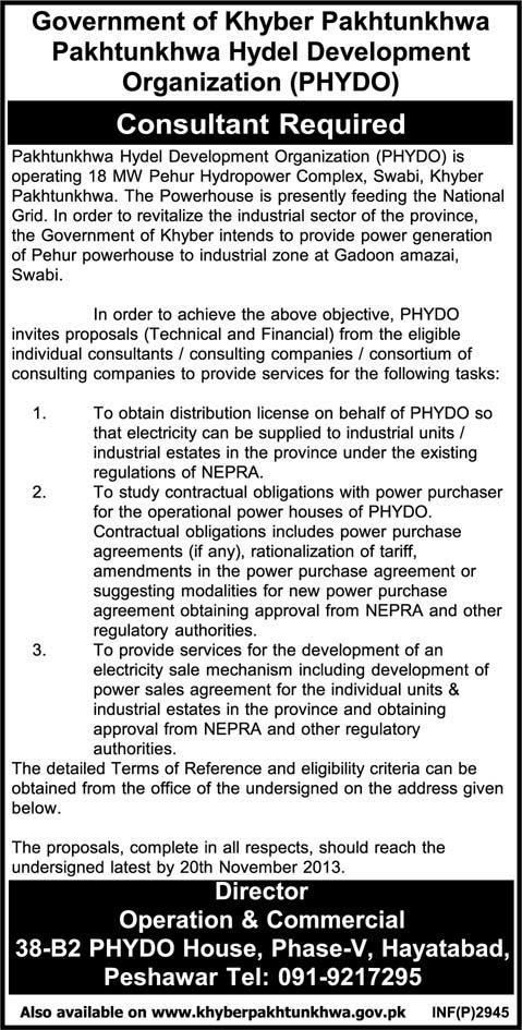 Pakhtunkhwa Hydel Development Organization (PHYDO) Jobs 2013 November Consultant