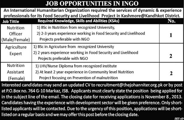 NGO Jobs in Kashmore / Kandhkot 2013 November Agriculture Expert & Nutrition Officer / Assistant