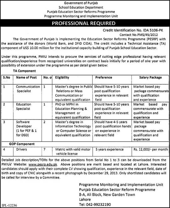 School Education Department Punjab Lahore Jobs 2013 December for Communication / Education Specialist, Software Developer & Drivers