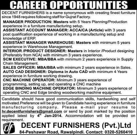 Decent Furnishers Gujrat Jobs 2013 December for Managers, Sales Officers, Designers & Machine Operators