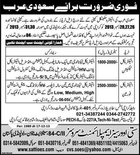 Electrical Technician/ Foreman Jobs in Saudi Arabia 2013 December at an Electromechanical Company