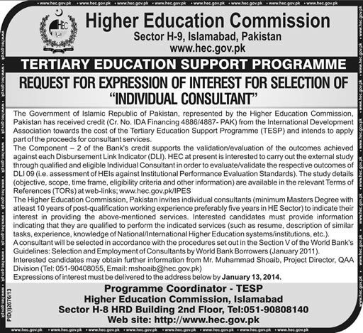 Higher Education Commission (HEC) Consultant Jobs 2014 / 2013 for Tertiary Education Support Programme - EOI