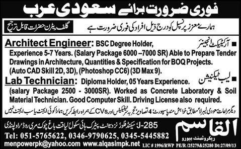 Architect Engineer & Lab Technician Jobs in Saudi Arabia 2014 2013 December through Al-Qasim Recruitment Bureau