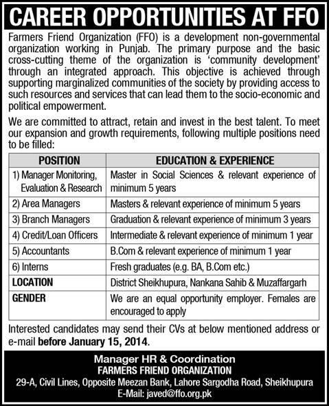 Farmers Friend Organization (FFO) Jobs 2014 2013 December for Managers, Loan Officers, Accountants & Fresh Graduates