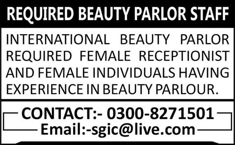 Female Receptionist & Beauty Parlor Staff Jobs in Pakistan 2013 December at International Parlor