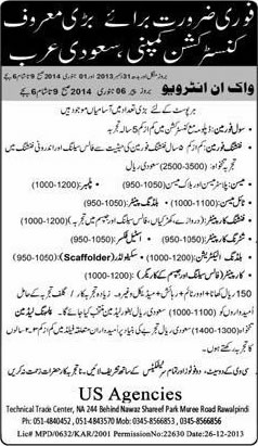 Construction Company Jobs in Saudi Arabia 2014 2013 December for Foremen, Carpenters, Electricians & others