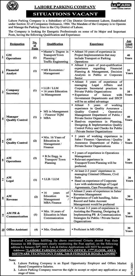 Lahore Parking Company Jobs 2014 Latest Advertisement